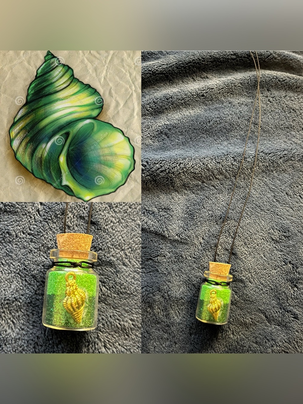 Green Seashell Fairy Potion Glitter Bottle Necklace w/ Pendant